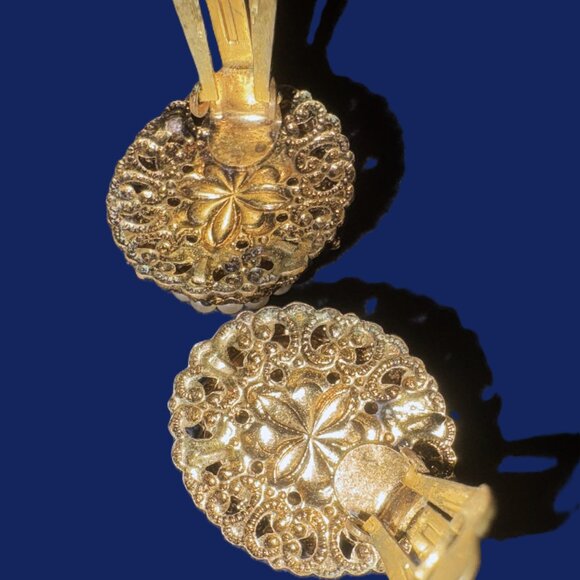 Vintage Gemstone Pearl and Gold West Germany Made Clip-On Earrings EUC - Picture 8 of 12